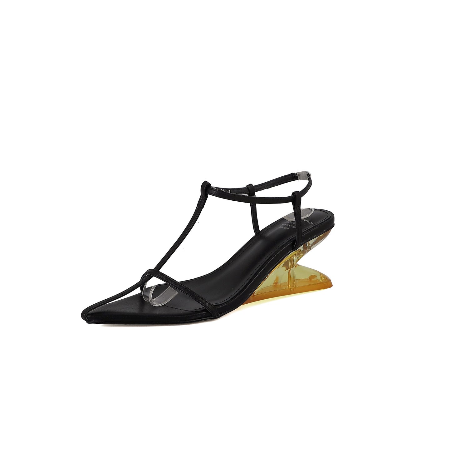 Pointy Toe T-strap Leather Sandal with a Clear Slope Heel