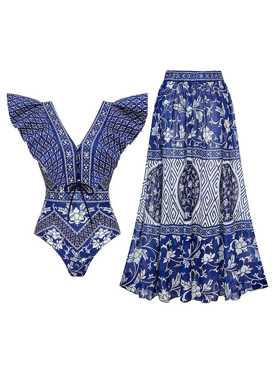 Santorini Breeze Ruffle One-Piece Swimsuit & Boho Skirt Set