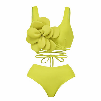 Sexy High Waisted Three-piece Green Bikini Set with a 3D Flower Design