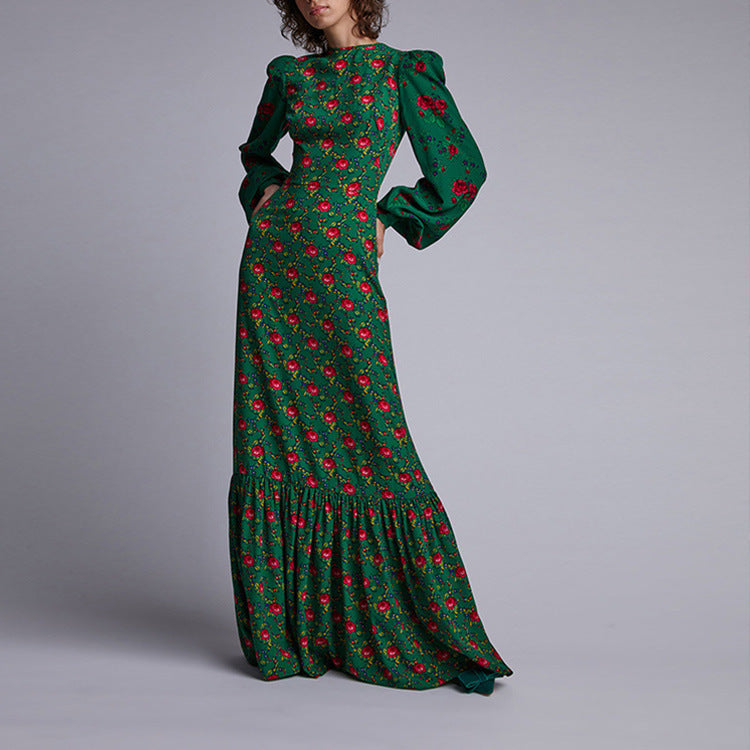 Bohemian Print Long Dress With V-Neck for Women