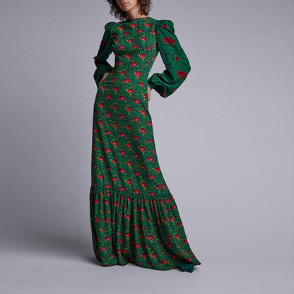 Bohemian Print Long Dress With V-Neck for Women