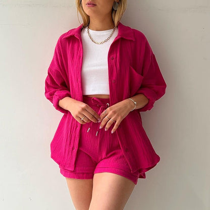 Women's Wrinkled Long-sleeved Shirt and High-waisted Drawstring Shorts Two-piece set, Comes in Multiple Colors