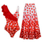 Red Bloom Ruffle One-Shoulder Swimsuit & Floral Maxi Skirt Set
