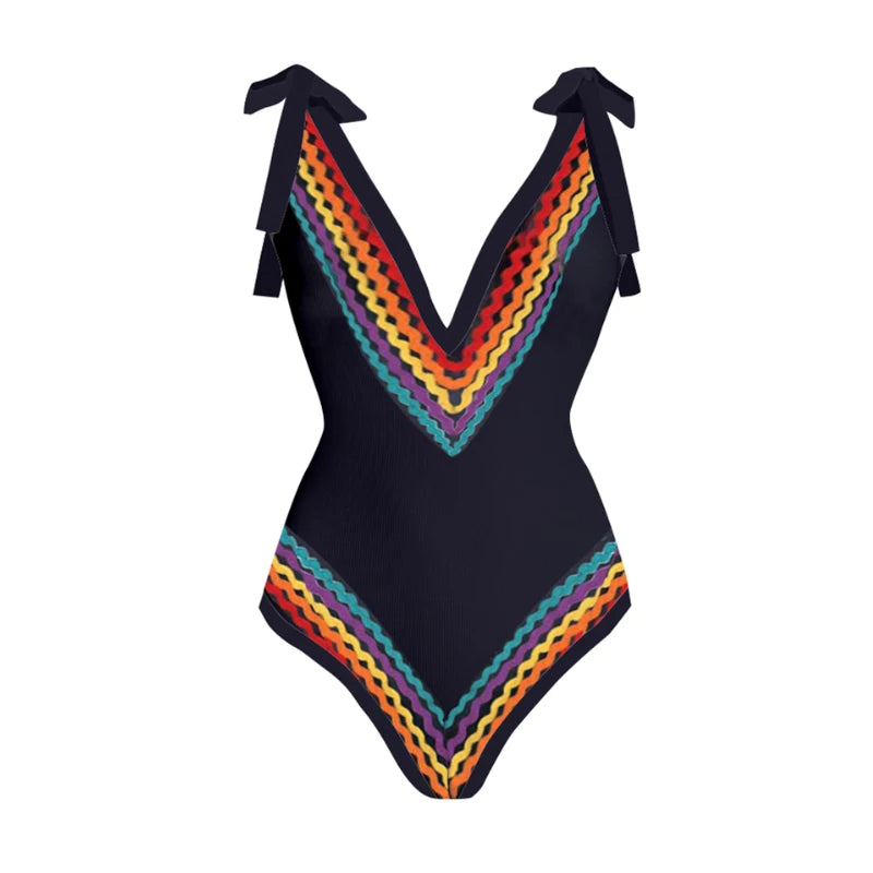 Rainbow Vibe One-Piece Swimsuit Set with Sheer Black Sarong