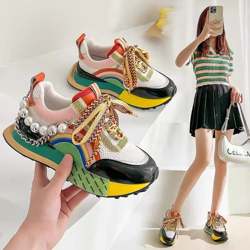 Colorful Women's Sneakers Retro Style with Thick Soles Casual Sneakers