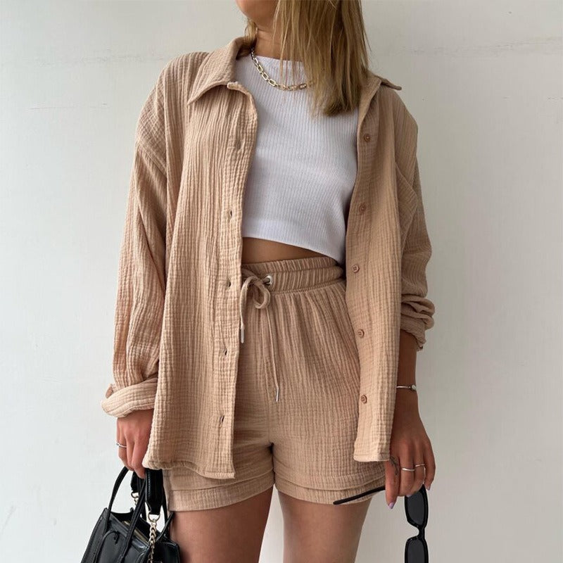 Women's Wrinkled Long-sleeved Shirt and High-waisted Drawstring Shorts Two-piece set, Comes in Multiple Colors