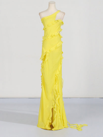 Elegant style one shoulder dress long Sunflower Yellow Dress