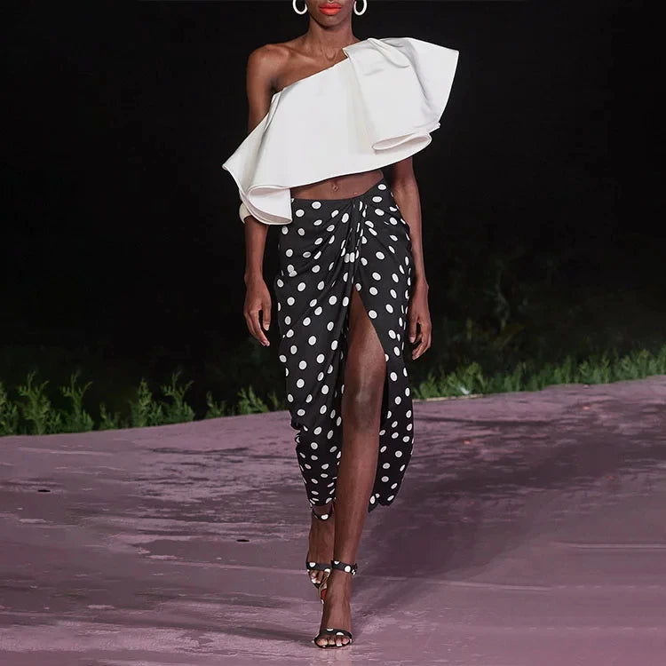 Monochrome Glam One-Shoulder Swimsuit Set with Polka Dot Wrap Skirt