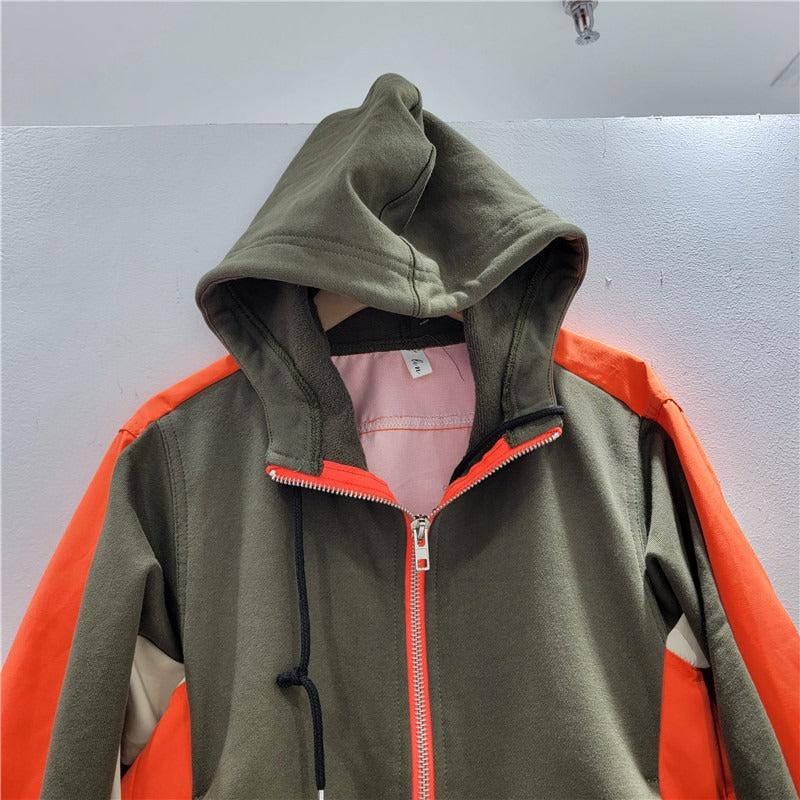 Stylish  Zipped Long Sleeves Hooded Jacket with Contrasting Fabrics, Multiple  Colors Available