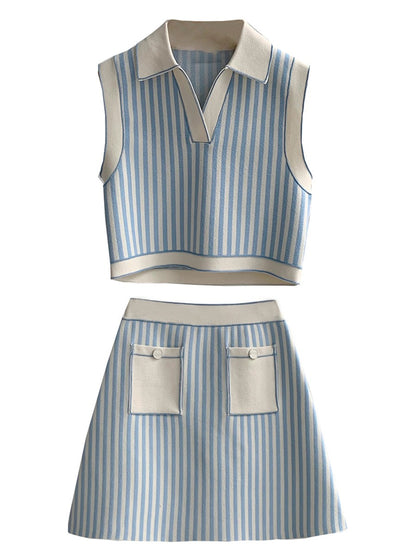 Short Knitted Pinstripe Vest Paired with an A-line skirt