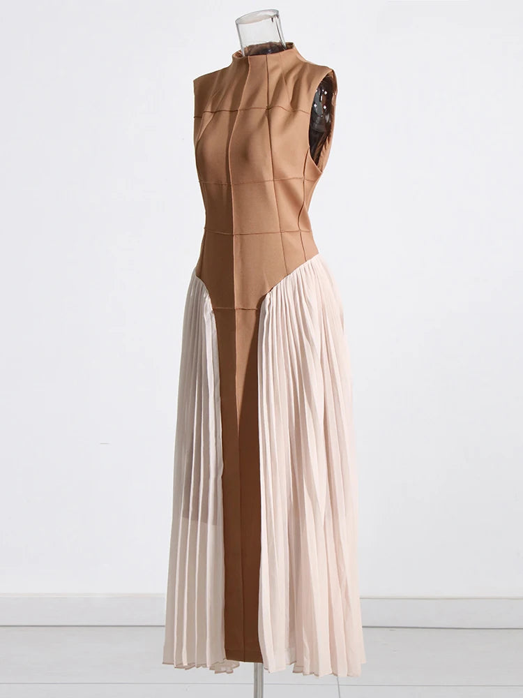 Stylish Long  Pleated Dress With High Neck For Women