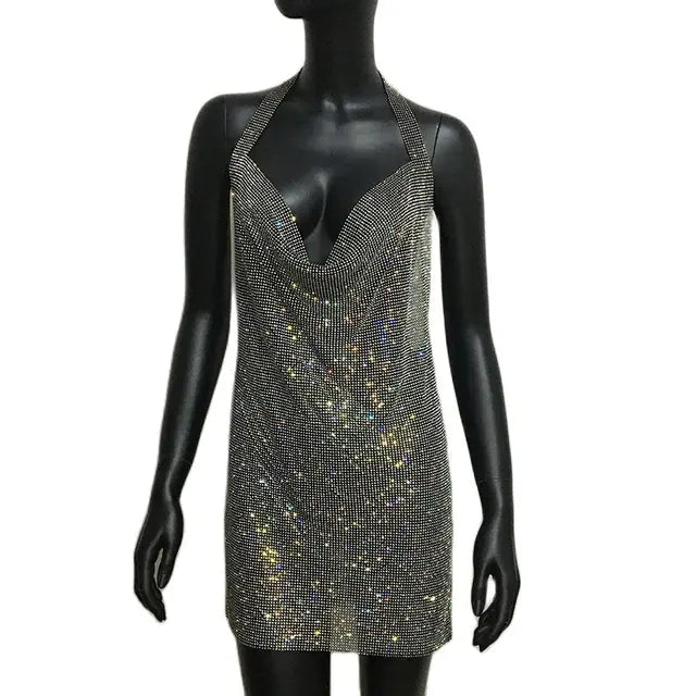 Sparkling Rhinestone Halter Neck Side Split Sleeveless Party Mini Dress