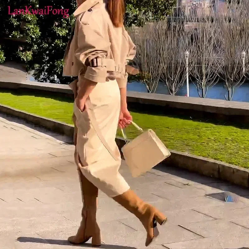 Stylish Women's Long Sleeve Cropped Jacket and Wrap Around Suit Skirt