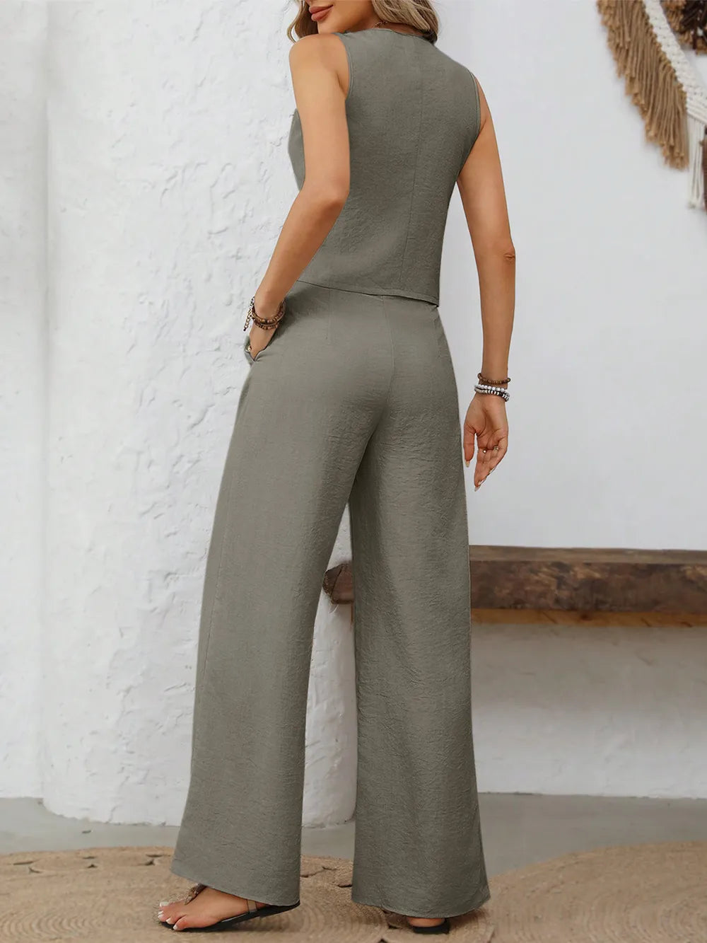 Button-Front Vest & Wide-Leg Drawstring Pant Two-Piece Set
