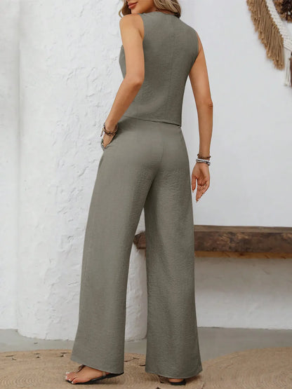 Button-Front Vest & Wide-Leg Drawstring Pant Two-Piece Set