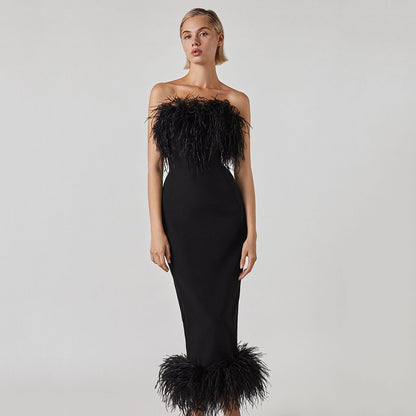 Elegant Sleeveless Dress with Feather Design on Hem and Bodice