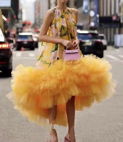 Trendy Bright Yellow Floral Sleeveless Dress with a Puffy Skirt