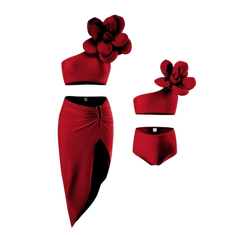 Bold Bloom 3-Piece  3-D Floral Bikini Set with Skirt – Asymmetrical One-Shoulder