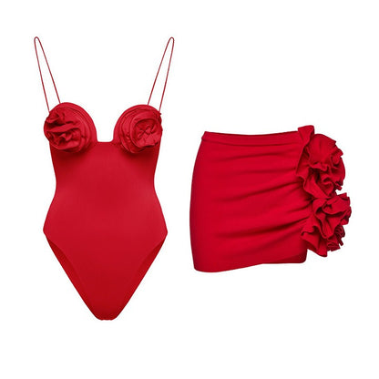 Red Hot, Quick Drying,  One Piece Swimsuit with 3D Flower Details in Four Unique Designs Paired with a Mini Skirt or  Tight Flaired Leggings