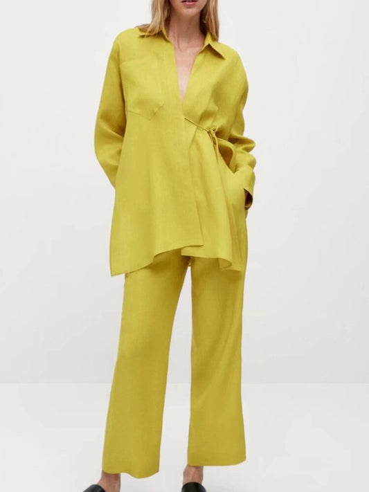 Linen Wrap Shirt & Wide-Leg Pant Set – Chartreuse Chic