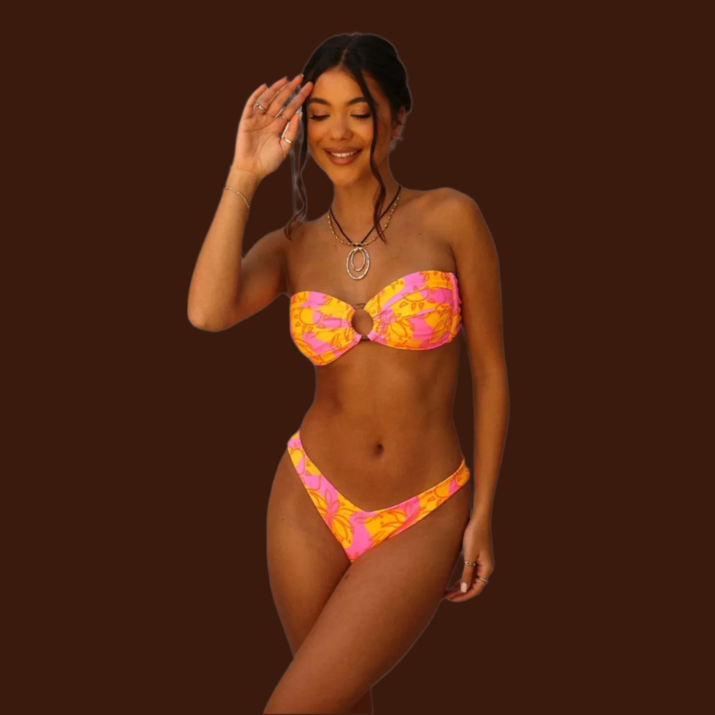 Retro Bloom Bandeau Bikini Set Floral Sunset Glow—Multiple Colors Available)