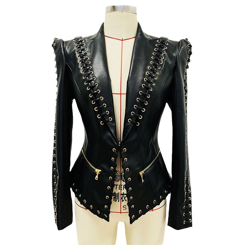Rock Star Fitted Faux Leather Blazer with Cool Designer Detailing