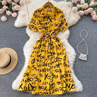 Beautiful Letter Print Single Breasted  Midi Long Dress