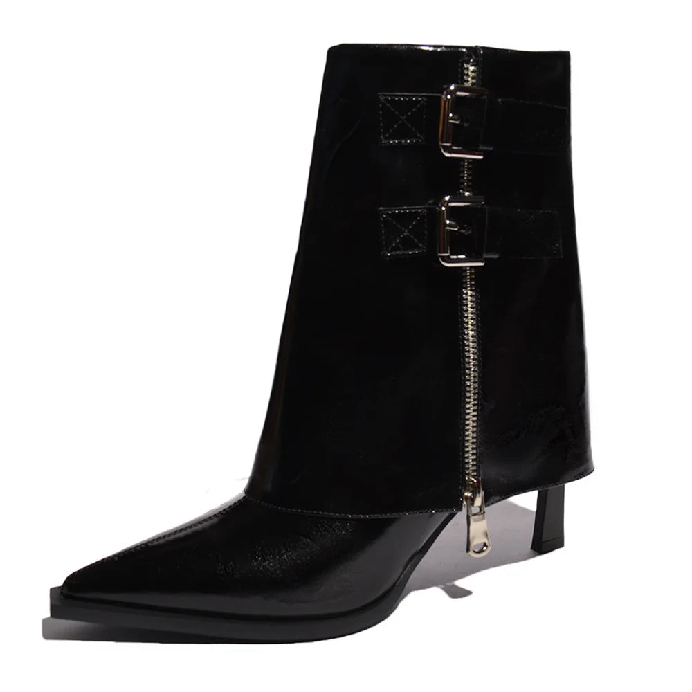 Fierce Buckled Zip Ankle Booties – Pointed Toe Patent Leather Finish