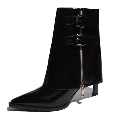 Fierce Buckled Zip Ankle Booties – Pointed Toe Patent Leather Finish