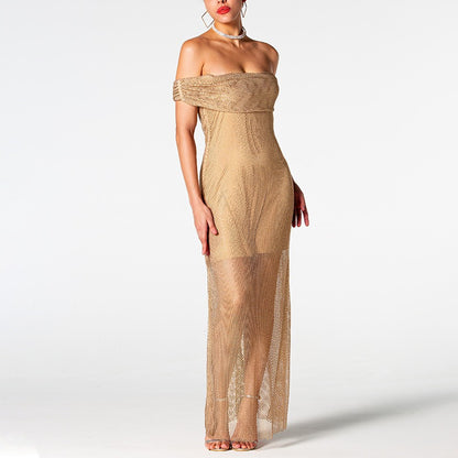 Chic Off the Shoulder Gold Coloured Dress With  Perspective Sequins.