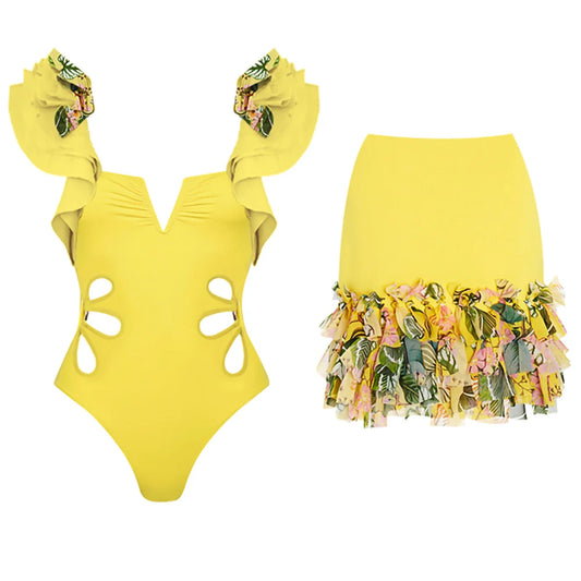 Tropical Bloom Ruffle Skirt & Cut-Out Swimsuit Set