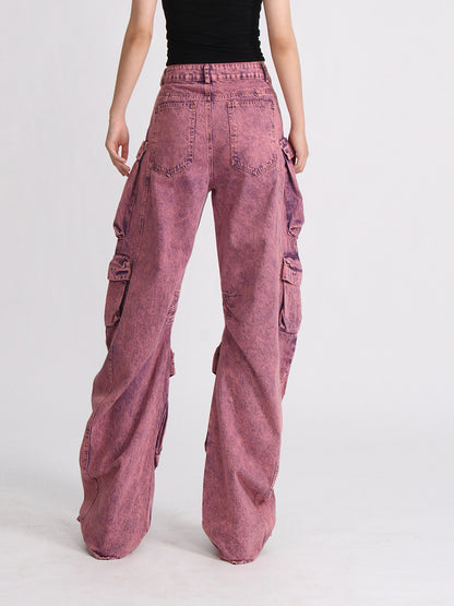 Acid-Wash Pink Utility Cargo Jeans