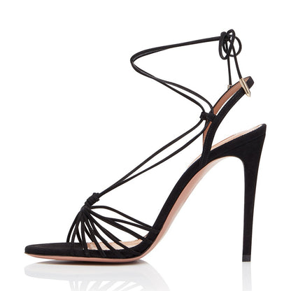 Midnight Muse Lace-Up Stiletto Heels – Black Suede