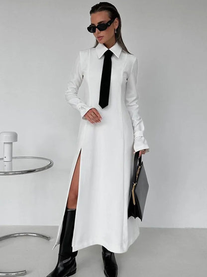 Fashionable Long Sleeves White Shirt Dress With Black Tie