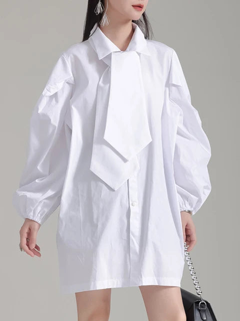 Stylish Shirt Dress for Women With Oversized Tie and Puff Sleeves, Available in Black and White