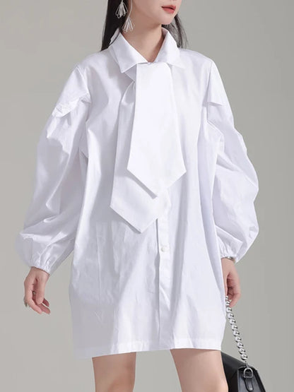 Stylish Shirt Dress for Women With Oversized Tie and Puff Sleeves, Available in Black and White