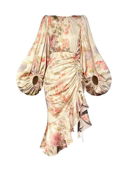 Vintage Print  Round Neck Lantern Sleeve  Ruched Midi Dress