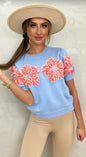 Short-Sleeved Sweater With Sweet Pink Flower Design