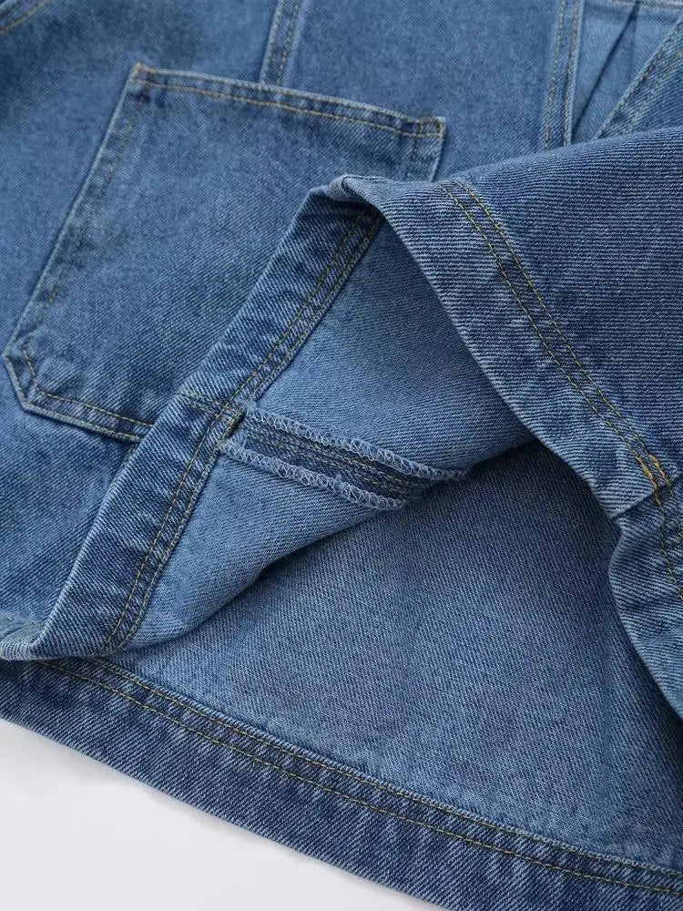 Cropped V-Neck Denim Shacket with Oversized Patch Pockets