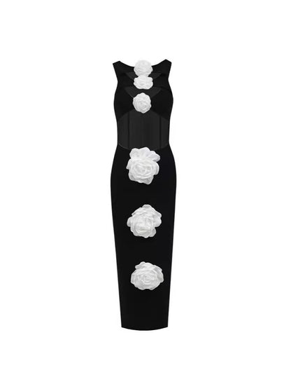 Elegant and Sophisticated Form Fitting Formal Dress with Big 3D Flower Design