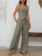 Button-Front Vest & Wide-Leg Drawstring Pant Two-Piece Set