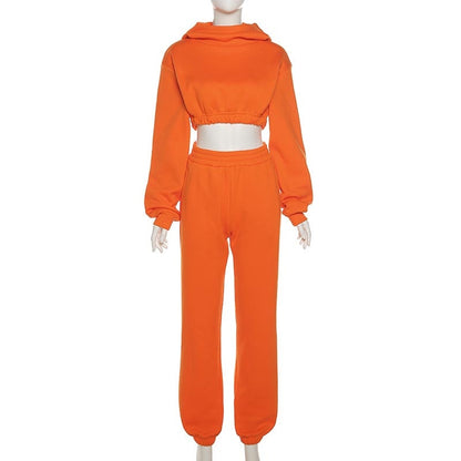 Women's Chic Set of Matching Cropped Hooded Sweatshirt and Sweatpants in Multiple Colors