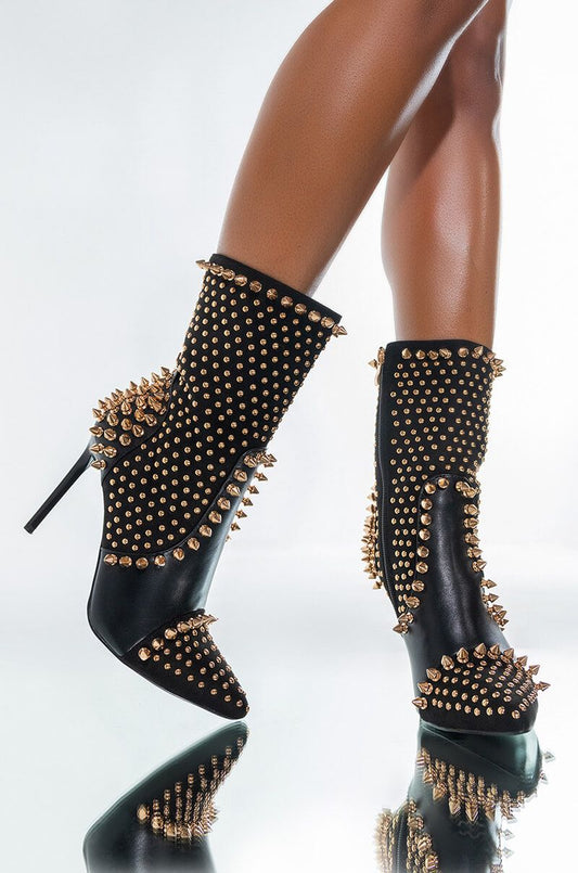 Spiked Edge Stiletto Ankle Boots – Black & Gold Glam