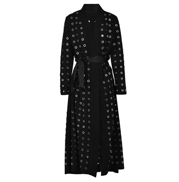 Edgy Black Grommet-Embellished Long Trench Coat