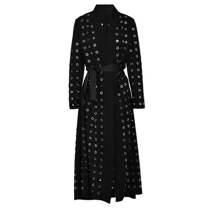 Edgy Black Grommet-Embellished Long Trench Coat