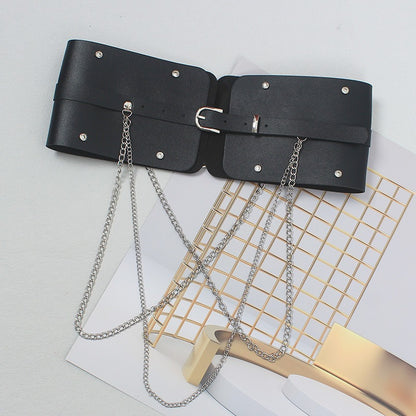 Edgy Wide Waist Belt with Chain Detail – Statement Style in Black or Camel