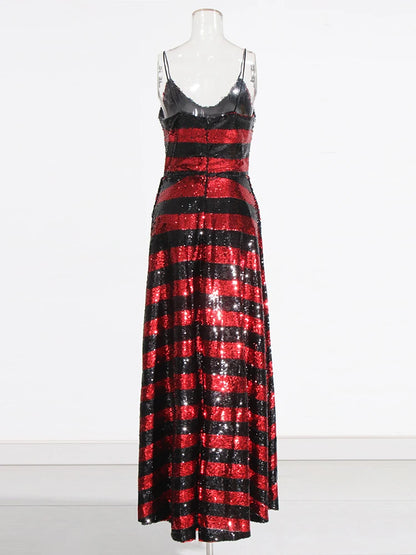 Red and Black Striped Sequins Gown