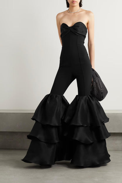 Dramatic Strapless Form Fitting Jumpsuit With Layered Bottom