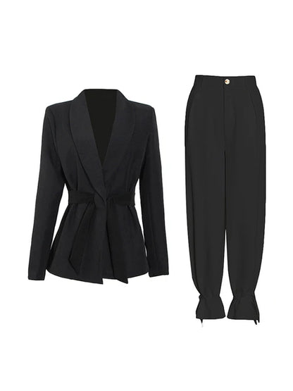 Two Piece Set Belted Blazer and Laced Pants