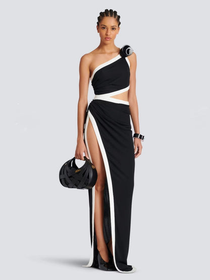 One Shoulder Thigh High Slit Black and White Formal Dress